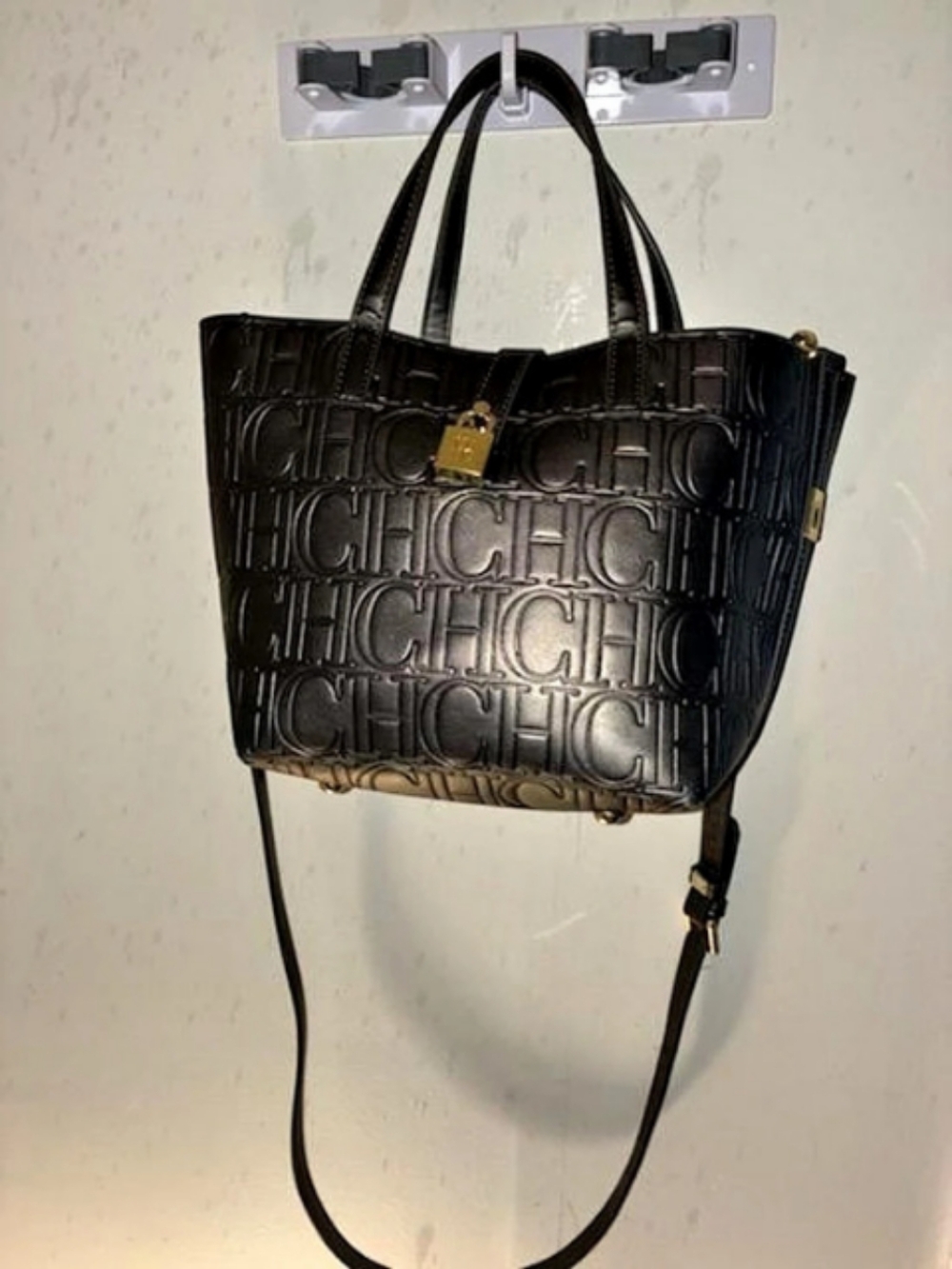Carolina Herrera Embossed Monogram Black Tote Like New